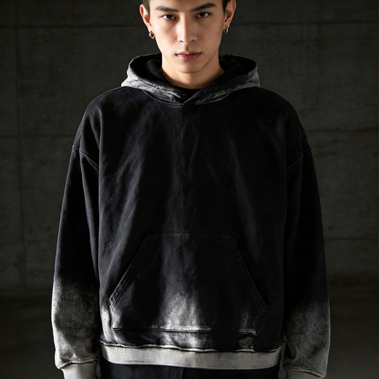 A528 Vintage Gradient Washed Hoodie Men Oversized Spray Fade Pullover Streetwear Hooded Sweatshirt