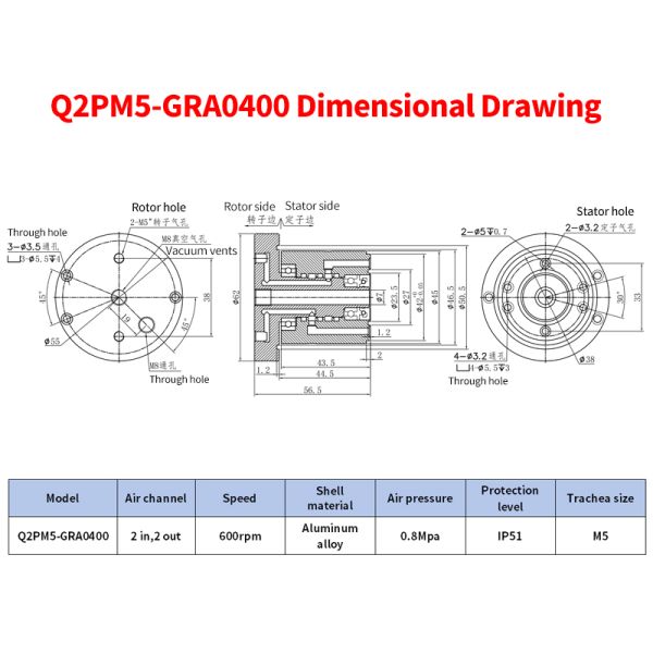 2-Channel High-Speed Pneumatic Slip Ring with Flange Mounting Design and 0.8 MPa Pressure Resistance for Gas Rotary Union Applications