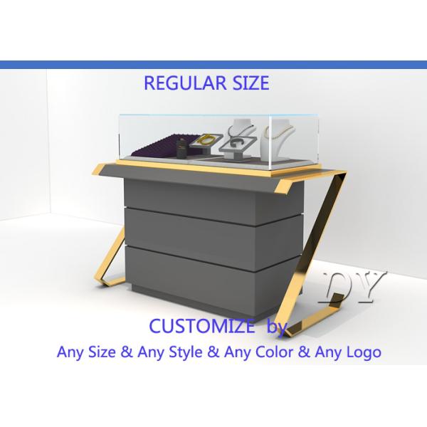 Luxury Modern Glass Jewelry Display Case Mirror Gold Stain Steel Matte Gray