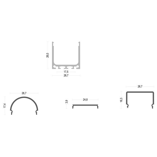 Aluminum Led Profile Channel with different PC cover for surface mounting Width26.7mm