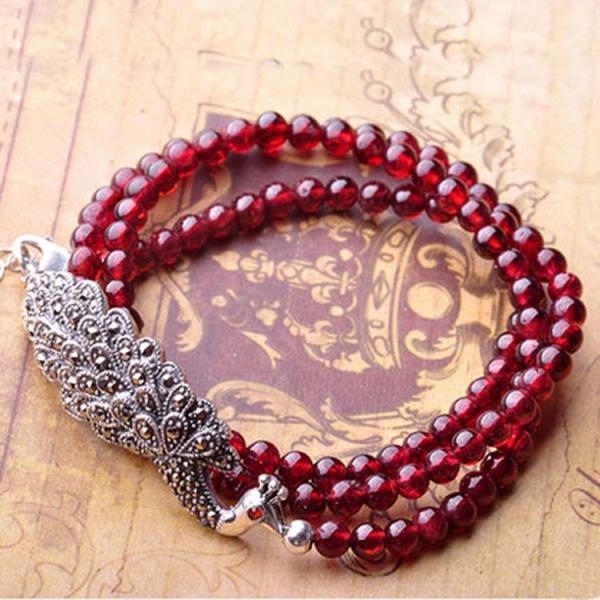 4mm Round Genuine Garnet Beads 925 Silver Marcasite Charm Bracelet 20 inches (B120701)