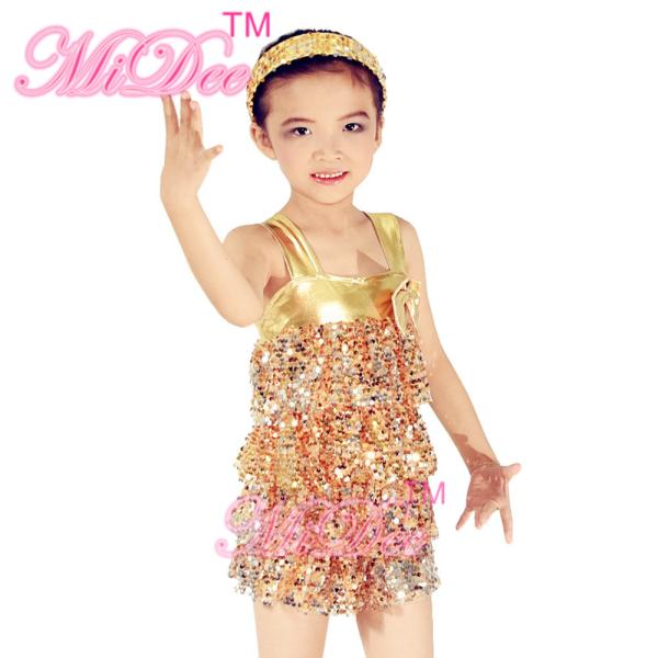 Metalic Edged Kids Dance Outfits Tiered Full Sequin Dress Shorts Including