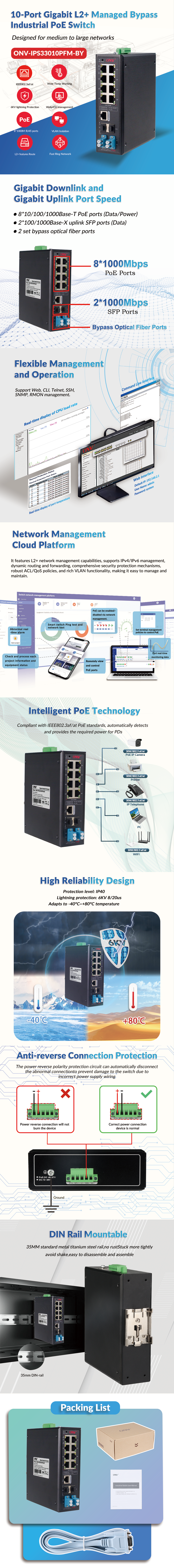 10 Port Gigabit Bypass Managed Industrial PoE Switch With IEEE 802.3af IEEE 802.3at