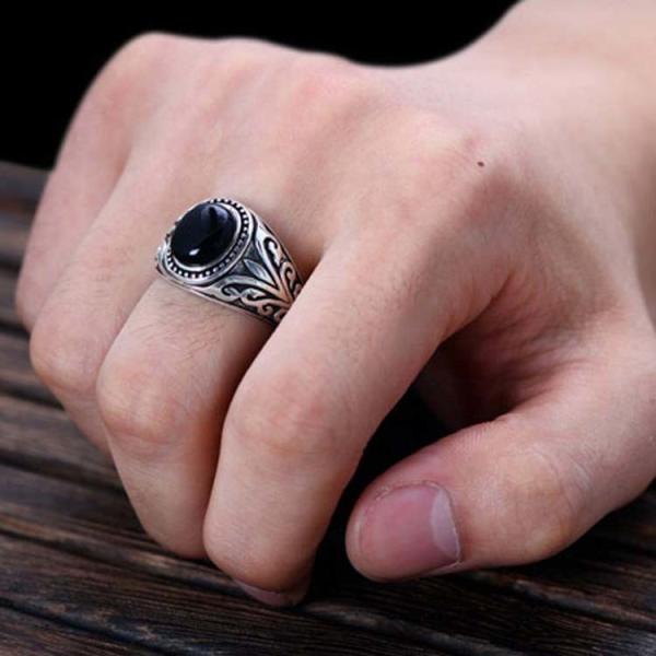 Mens Sterling Silver Retro Ring with Oval Synthetic Black Onyx(XH037009BLACK)