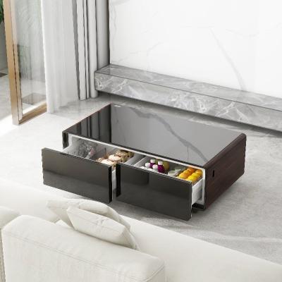 Modern European Style Mini Fridge Smart Coffee Table with Tempered Glass and Freezer