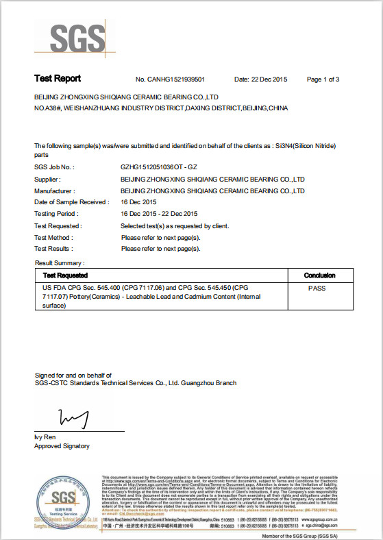 Beijing Zhongxing Shiqiang CERAMIC BEARING Co., Ltd. Сертификации