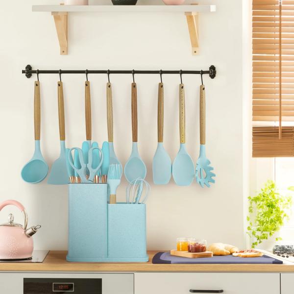 Wooden Handle 19-Piece Silicone Kitchen Utensil Set with Cutting Board Storage Bucket