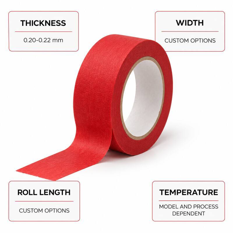 Red High Temperature Masking Tape / Red Crepe Paper Tape / Silicone Adhesive Masking Tape for Industrial Paint Masking, Powder Coating and Heat-Process Surface Protection