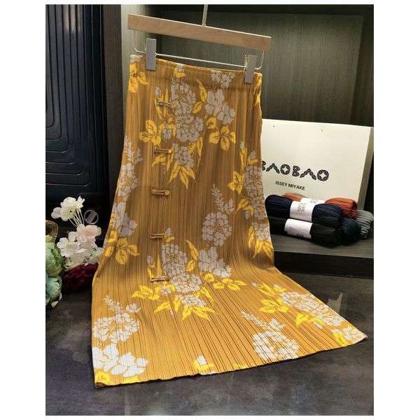 Original Design Pleated Chinese Style Disc Half Skirt 2024 Printed Pleated Skirt Wrap Slit Summer Skirt