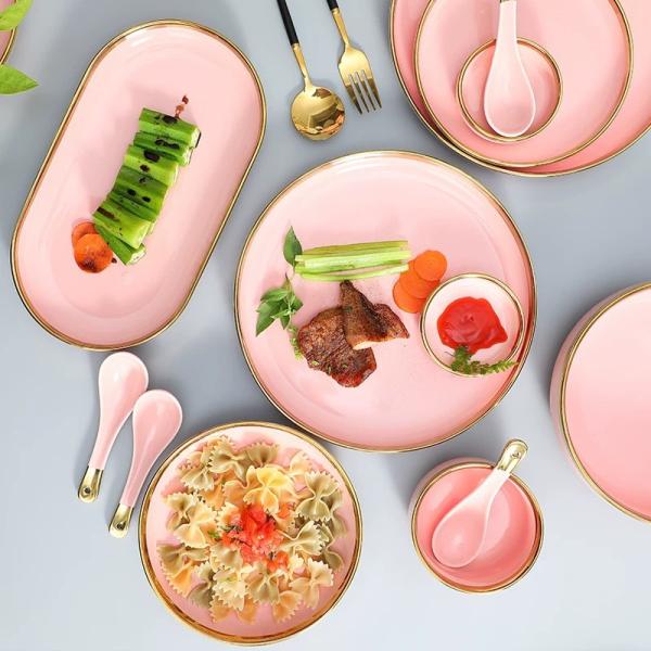 Gold Rim Pink Round Porcelain Dinnerware Set for Coffee shop
