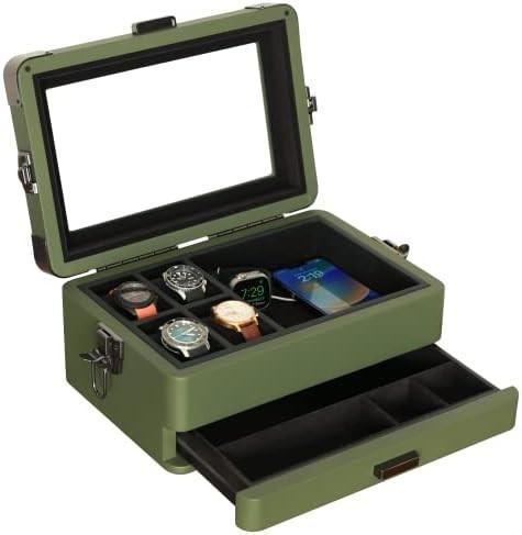 CASE ELEGANCE Military 10 Slot Watch Box Case Organizer for Men, Real Glass Top, Modular Valet Tray,
