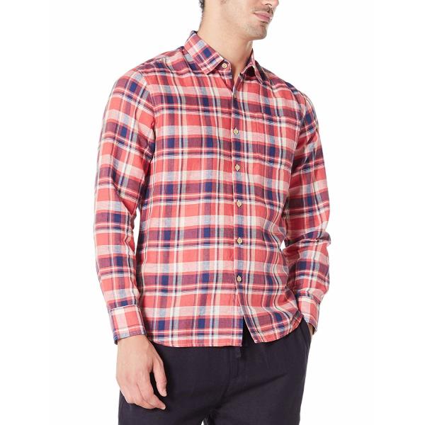 Orange Plaid gingham Mens Casual Linen Shirts with Band Collar