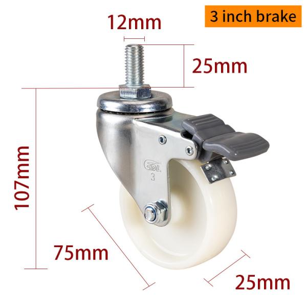 White Light Duty Threaded 3 Caster Wheels With Brakes 363S-23
