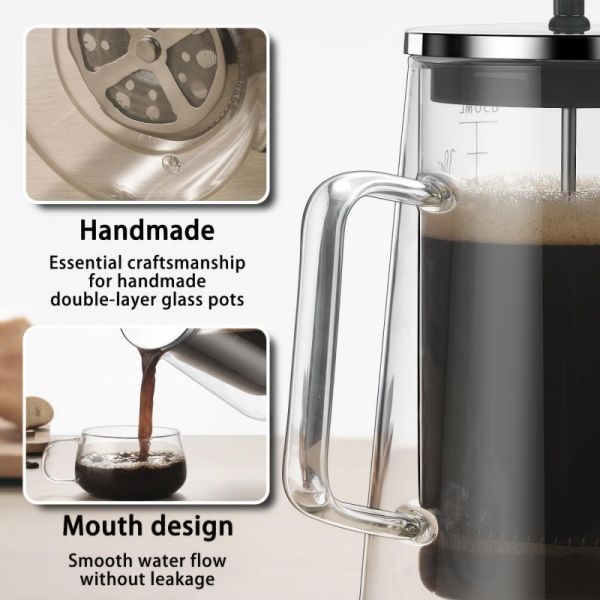 Customized Insulated Borosilicate Glass French Press Pot Heat Resistant Double Layer