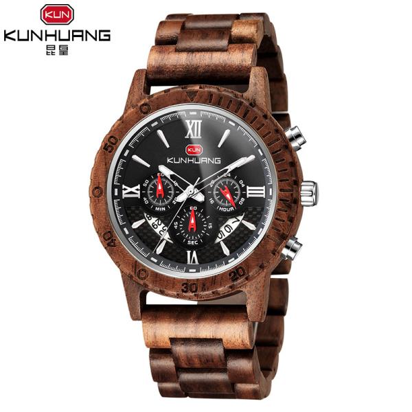 Man Walnut Wooden Quartz Watch Black Dial 6 Pointers 1014-4