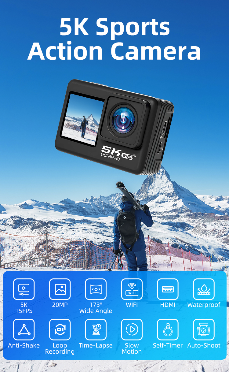 Newest HD 5K Dual Screen Action Sports Camera 30M Waterproof&Anti  Camera with Wifi Sport Camera for Surfing&Diving&Skiing