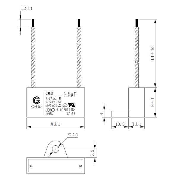CBB61 450V 0.8mfd 10000 horas condensador de ventilador de techo con 100 líneas de longitud