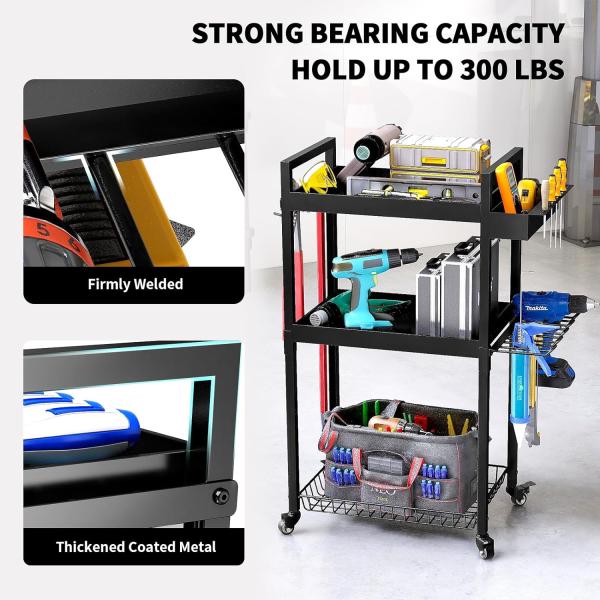 Montado en la pared 3 Niveles de perforación Estante de estantería Portaherramientas de carrito rodante para organización de talleres