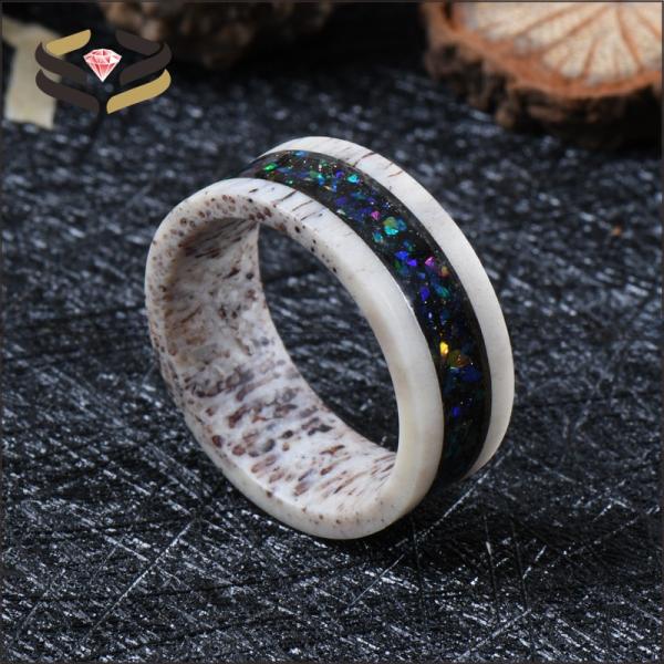 Starry Opal Inlay Deer Antler Wedding Band 8mm with Invisible Setting