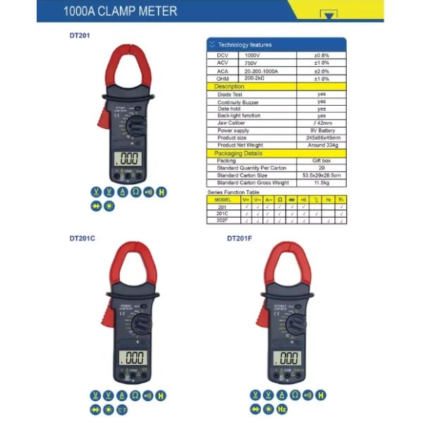 2-1000V Measuring Voltage Range DT201 Digital Clamp Meter With Data Hold Super Big