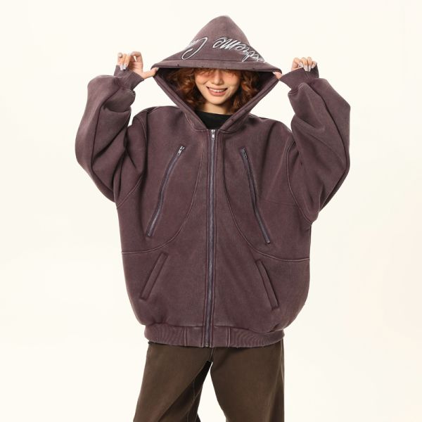 Unisex Zip Hoodie ODM for Vintage Winter Oversized 3D Embroidered Letter Pattern Fleece Breathable Windproof
