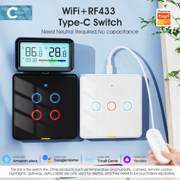 Tuya WiFi Touch Wall Switch Type C, norme UE, RF433, 110-240V, avec minuterie et commande vocale, compatible avec Alexa et Google Home pour l'éclairage domestique intelligent