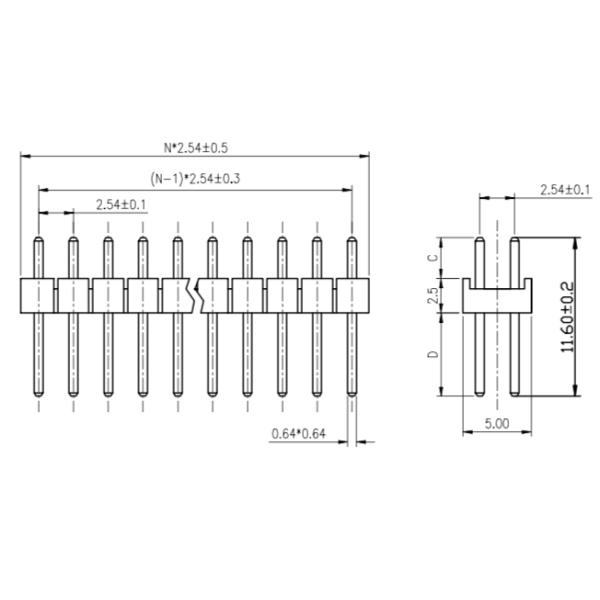 Through Hole 2.54MM Small Electrical Connectors Dual Row Straight Pin Header 2 - 80 Pins Gold Plated