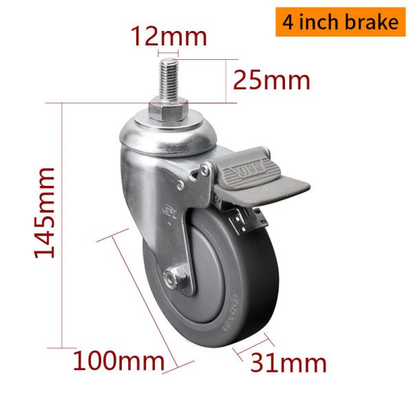 Medium Duty Zinc Coating Industrial Caster Wheels 4 Inch 110kg Threaded TPE Caster