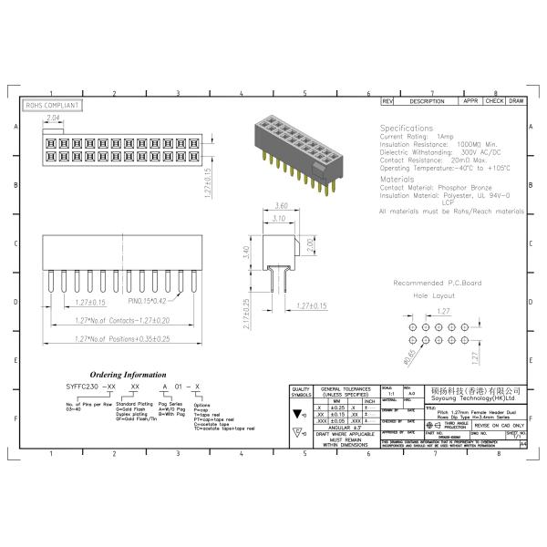 Type droit d'en-tête rangée femelle du connecteur 1.27mm de double avec la bosse 2*3 PIN To 2*40PIN H=3.40mm