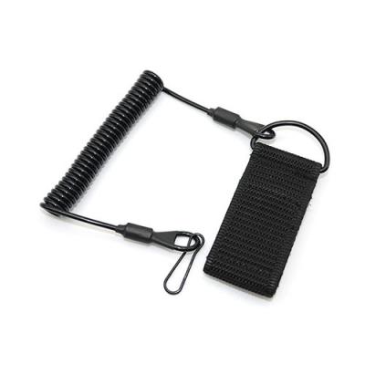 Strong Steel Wire Black Coiled Pistol Retention Lanyard With Webbing Strap