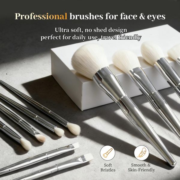 14-Piece Professional Bright Silver Electroplated Makeup Brush Set with High-Density Nylon Bristles