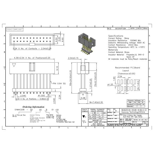 строка заголовка 2.54mm коробки 2*3-2*32Pin двойная повысила тип погружения SMT
