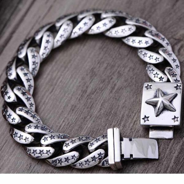 Sterling Silver Heavy Chunky Cuban Curb Link Engraved Stars Mens Bracelet (058880)