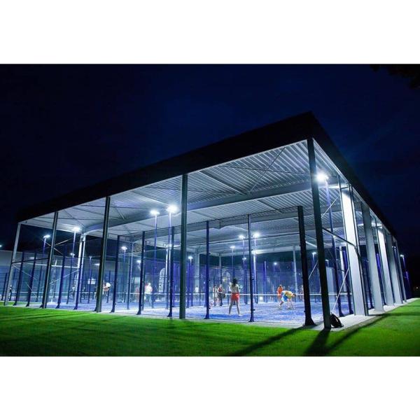 Super Panoramic Padel Court Pistas de tenis públicas al aire libre Pistas de tenis personalizadas Pistas de tenis azules con cubierta de dosel / césped artificial