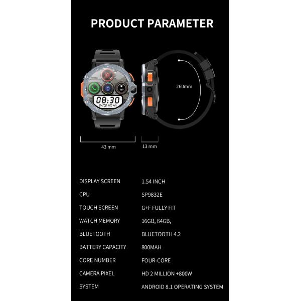 High Strength 4G Smart Watch Touch Screen 1.4GHz Quad Core CPU Touch Screen Fitness Watch