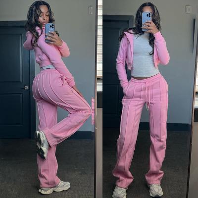 Broderie personnalisée Troublé Top Crop Fermeture à glissière Hoodie Sweat Joggers Pantalon Femmes Troublées 2 pièces Sweatpants et Hoodies Set