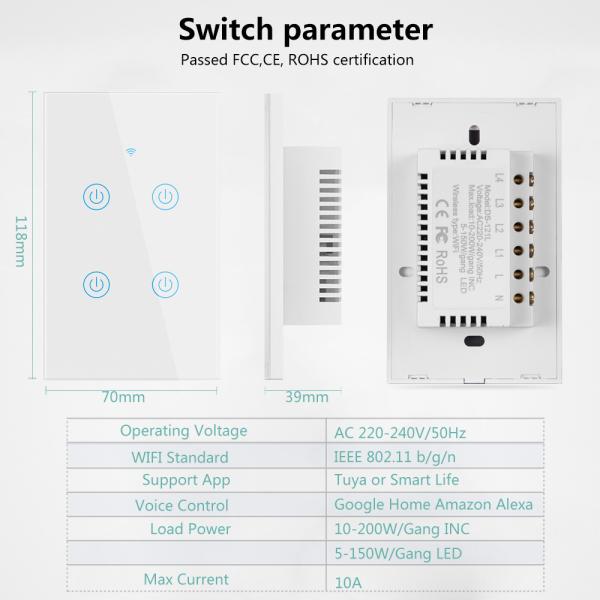 Панель выключателя переключателя 2gang Dimmable 2A WiFi RF умная умная