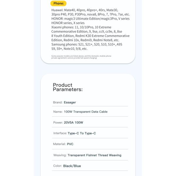 Tipo C a C Cable de carga USB transparente 480Mbps 60W Cable telefónico de 100W