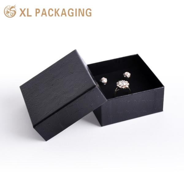 Custom 2‑Piece Rigid Lid Base Jewelry Box, Recyclable Black Faux Leather Textured Paper Gift Box with Velvet Foam Insert for Earring Wholesale