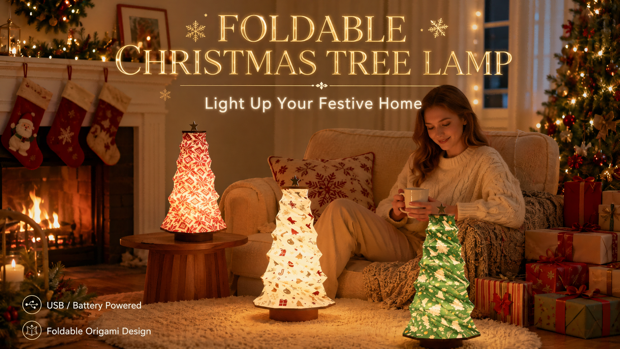 Cordless Origami Folding Paper Christmas Tree Light – Expandable Standing Lamp Foldable for Storage