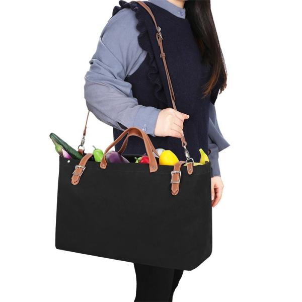 Nylon Canvas Reusable Shopping Bag Totes Leather Belt Buckle Shoulder 44x13x38cm