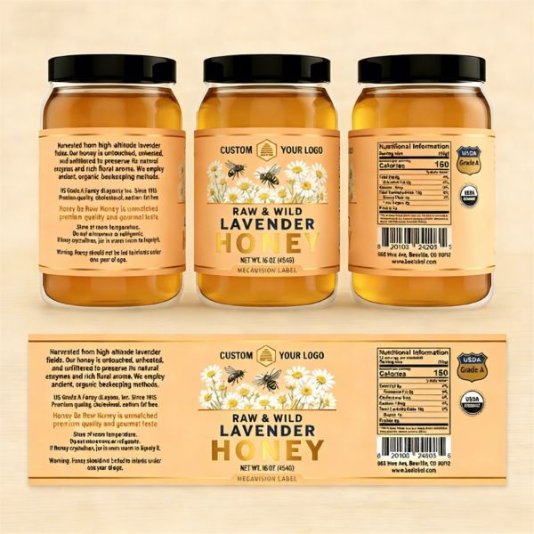 Custom Printing Waterproof Bee Honey Self Adhesive Logo Sticker Jam Food Bottle Food Jar Packaging Labels