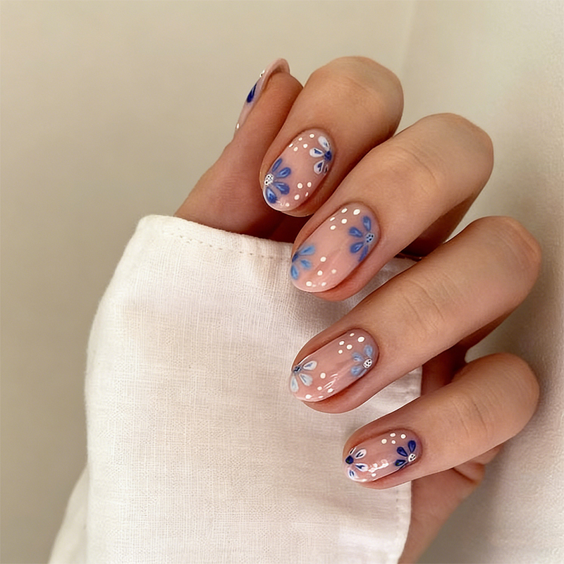 Medium Almond Flower Design Pattern Press On Nails Gentle On Natural Nails