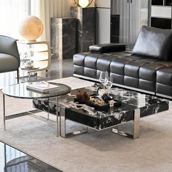 Marble Round Tea Serving Table With Stainless Steel Shelf