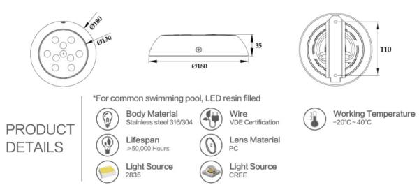 20000 Hours 180mm 12W Rgb Led Swimming Pool Light