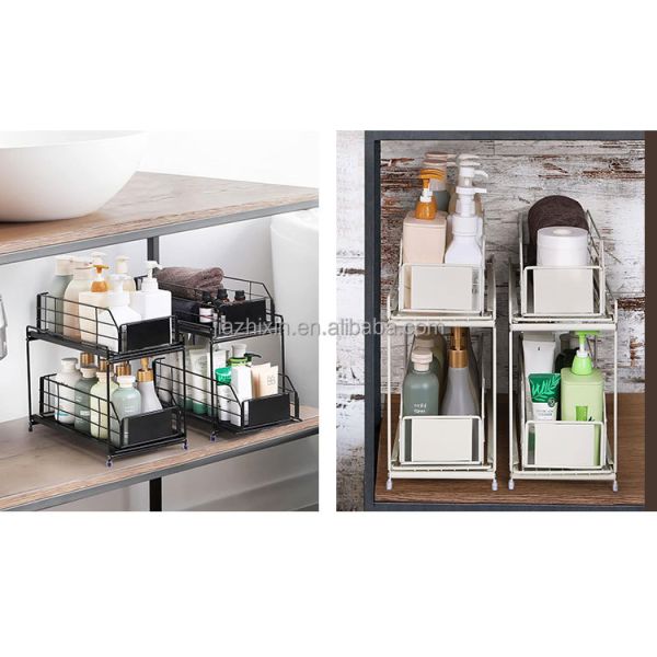 Under Sink Storage Shelf 2 Tier Bathroom Organizer Multi-Purpose Desktop Spice Rack Bottom Pull Out Drawer for Kitchen Cabinet