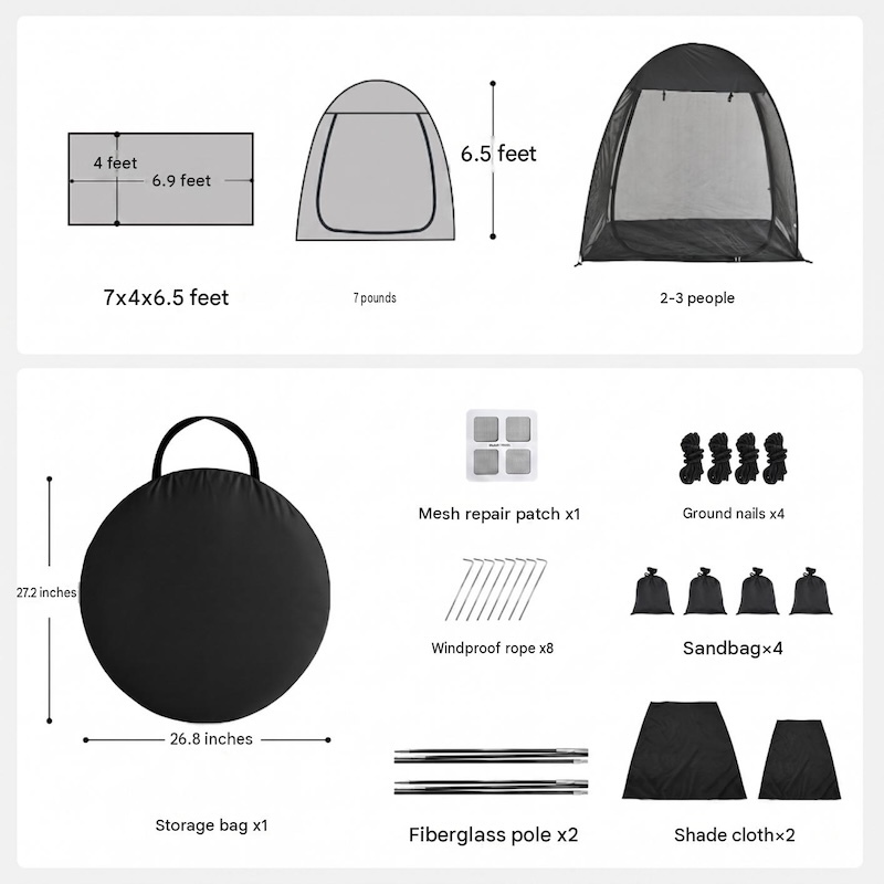 200*120*195CM Lightweight Portable Outdoor Black Pop Up Sports Tent Fit For 2 Person