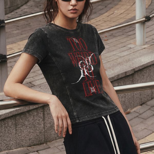 Custom Vintage Acid Wash Regular Women T-shirt Gothic Red Rhinestone Letter Print Side Seam Short Sleeve Summer Y2K Streetwear