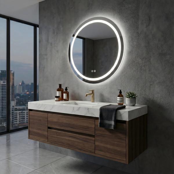 Kingstin Custom Frameless LED Smart Bathroom Mirror Round Lighted Vanity Makeup Mirror with Backlight Anti-Fog Dimmable