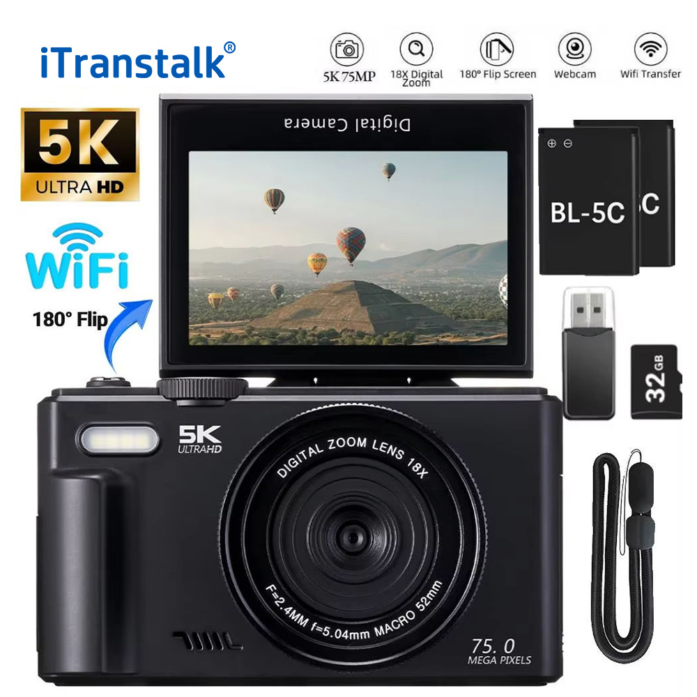 5K HD Travel Vlogging Digital Camera WiFi Flash 180° Rotating Selfie Time Lapse Slow Motion Burst Mode